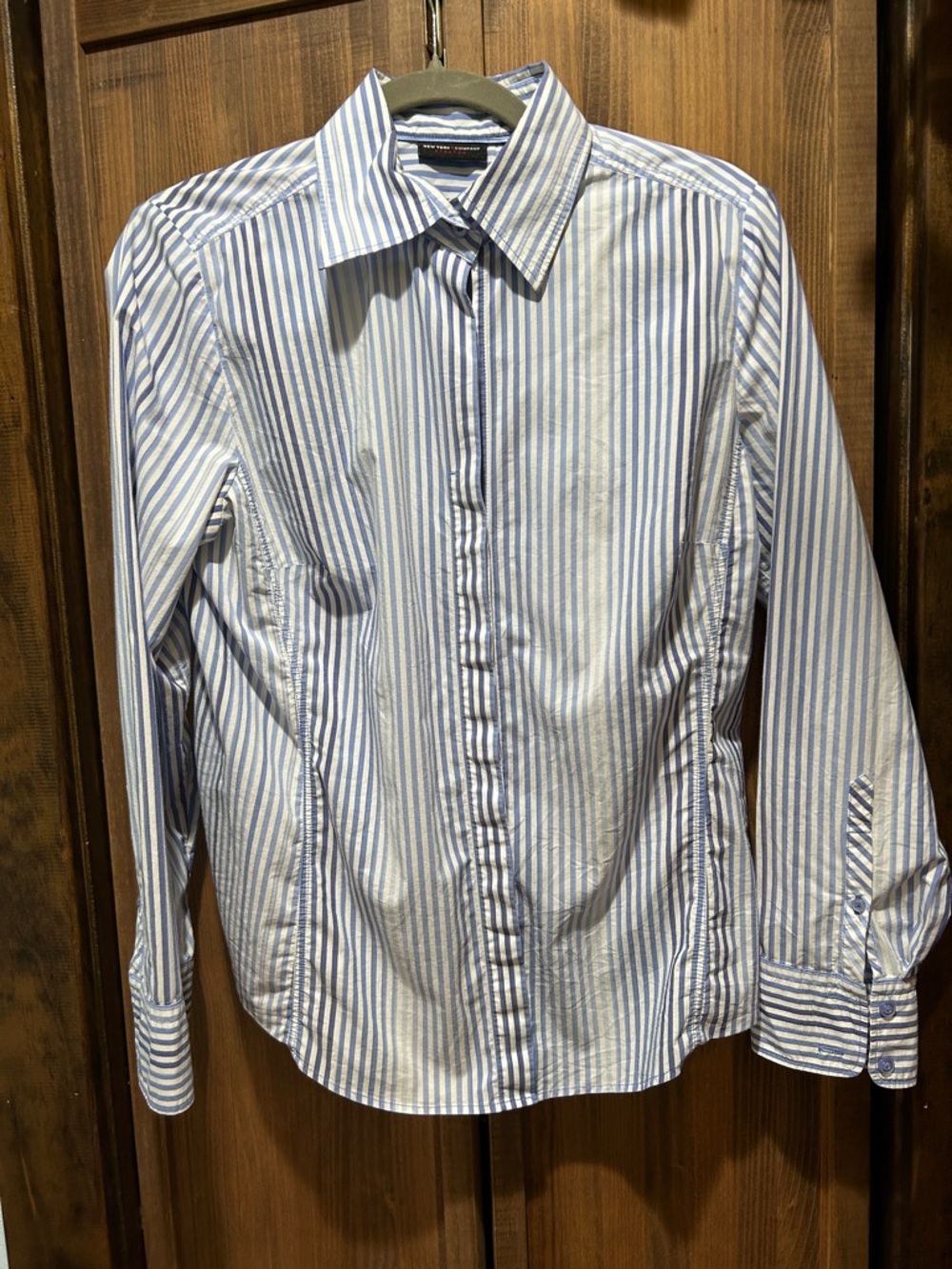 New York & Company Blue and White Vertical Stripe Dress Shirt